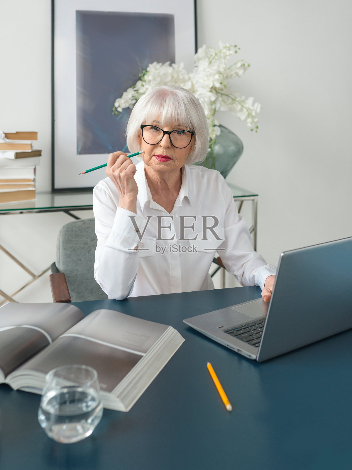 高级漂亮的灰色头发的女人在她的日记在白色的衬衫在办公室。工作，高级人员，问题，业务，经验概念照片摄影图片