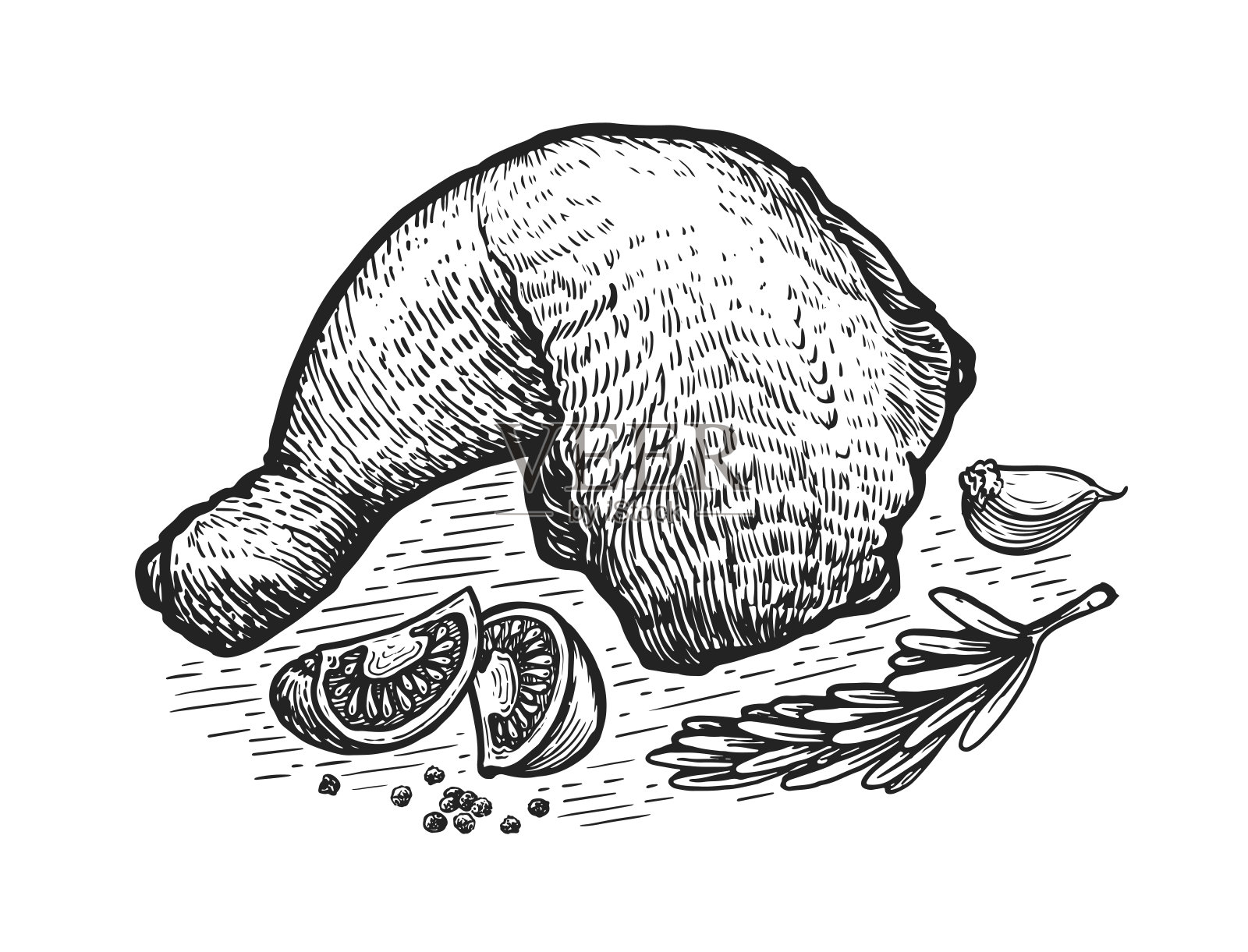 鸡腿食品。禽肉，黑白手绘素描版画矢量插图插画图片素材