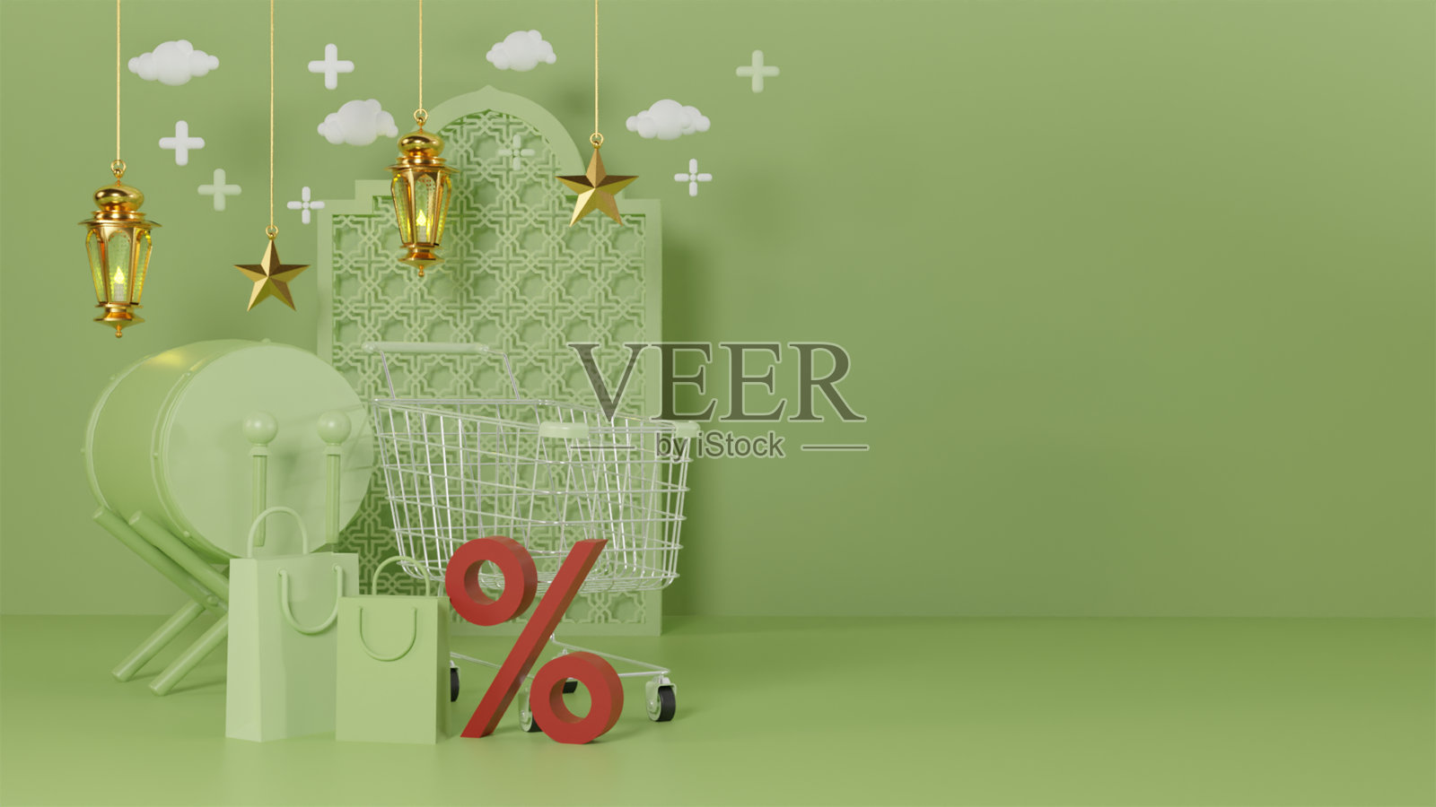 斋月卡里姆问候模板与阿拉伯灯笼，鼓，百分比图标，购物车和购物袋在绿色背景的促销广告。3 d渲染图照片摄影图片