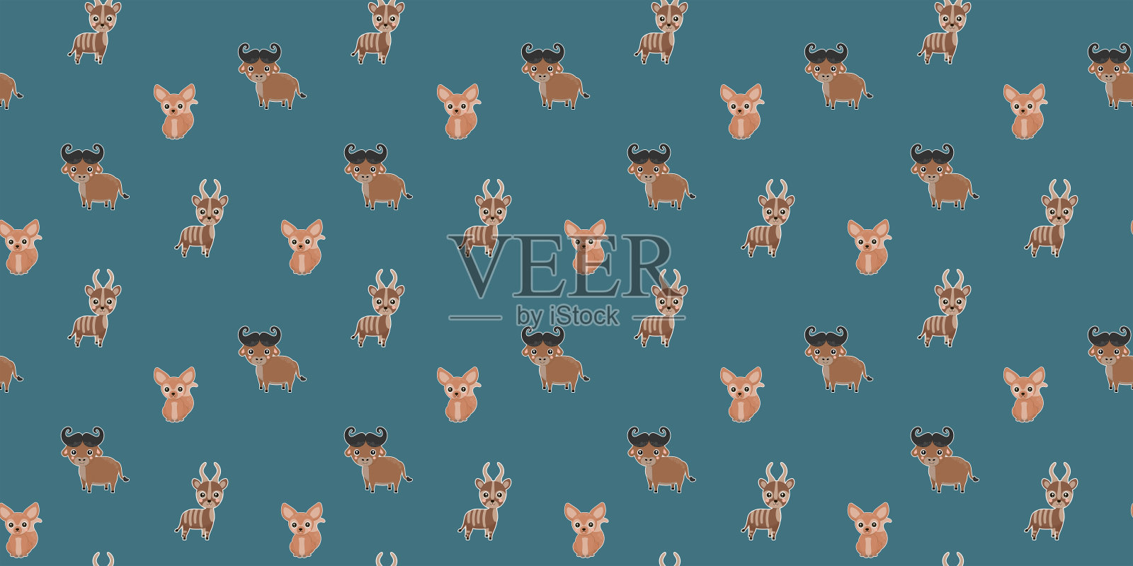 无缝的儿童图案的卡通非洲水牛，非洲耳廓狐狸，和邦戈羚羊与红色的脸颊在蓝色的背景。向量。设计元素图片