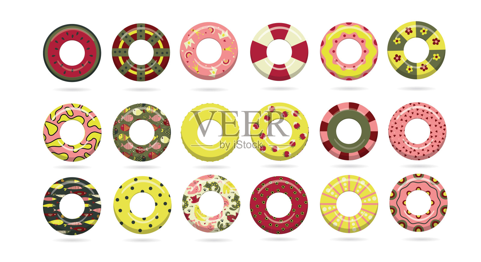 不同图案的圆圈用于游泳。充气玩具。水的安全。矢量图设计元素图片