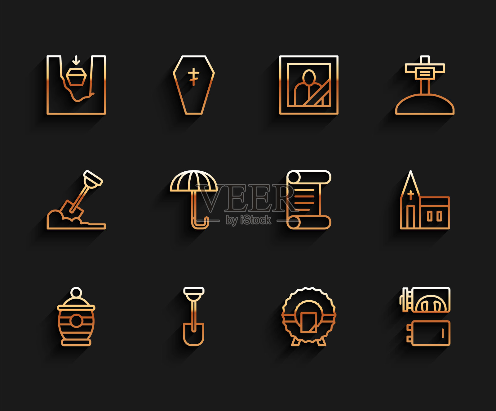 设置线葬瓮，铲子，棺材在坟墓，纪念花圈，火葬场，雨伞，教堂建筑和法令，羊皮纸，卷轴图标。向量图标素材