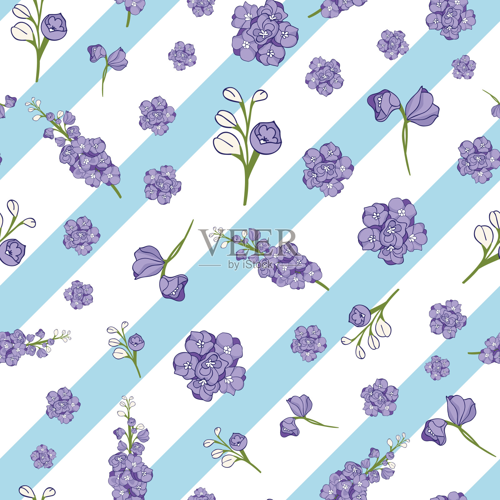 飞燕草花在蓝色条纹无缝向量模式插画图片素材
