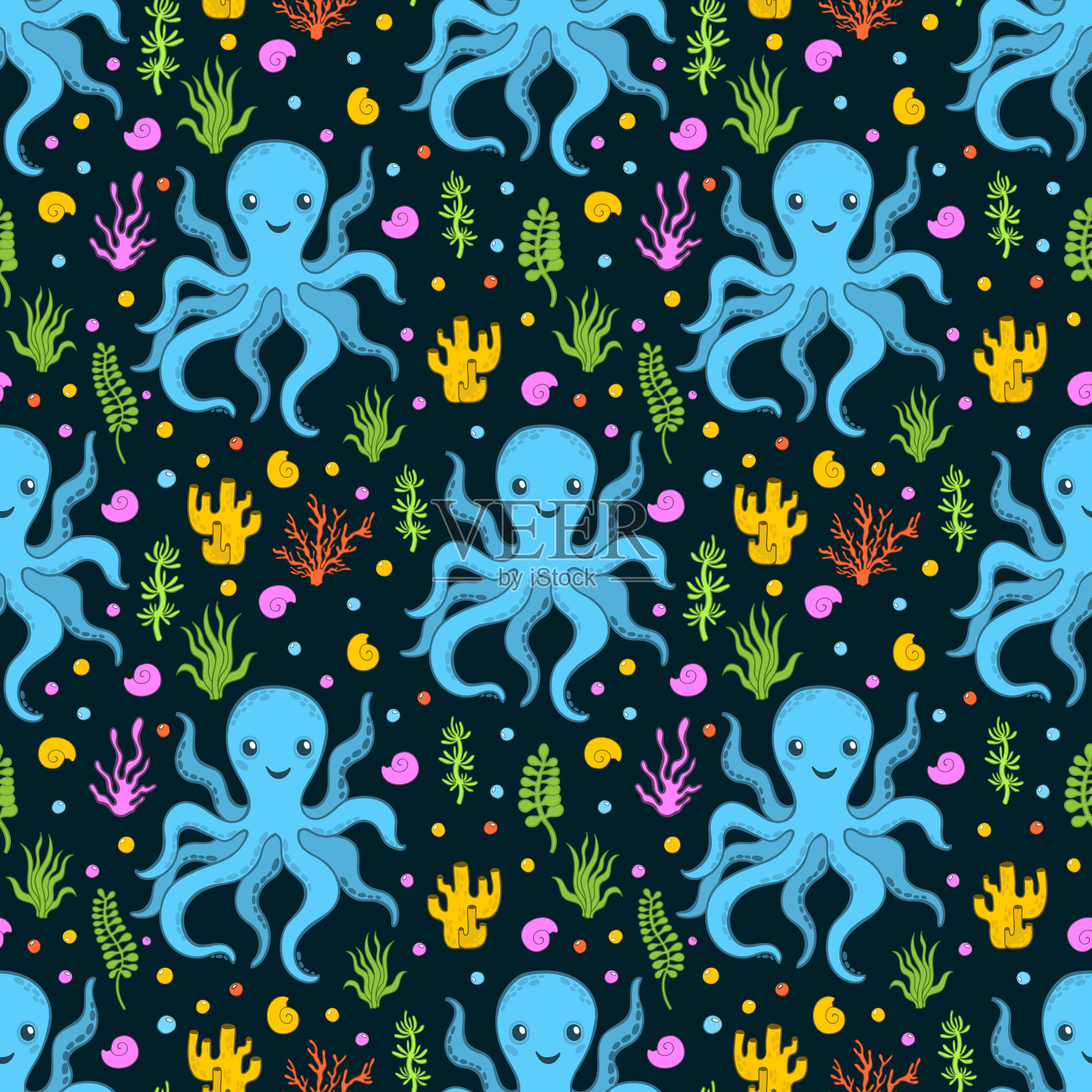 无缝图案的海洋动物。在水下海洋野生动物。背景的卡通风格插画图片素材