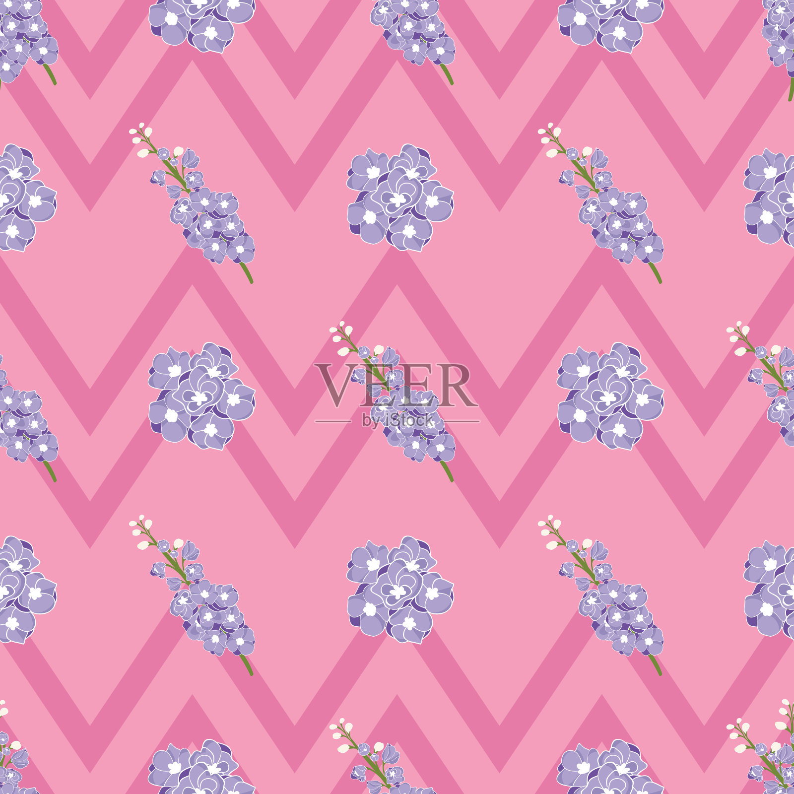 飞燕草花无缝矢量图案上粉红色之字形条纹插画图片素材
