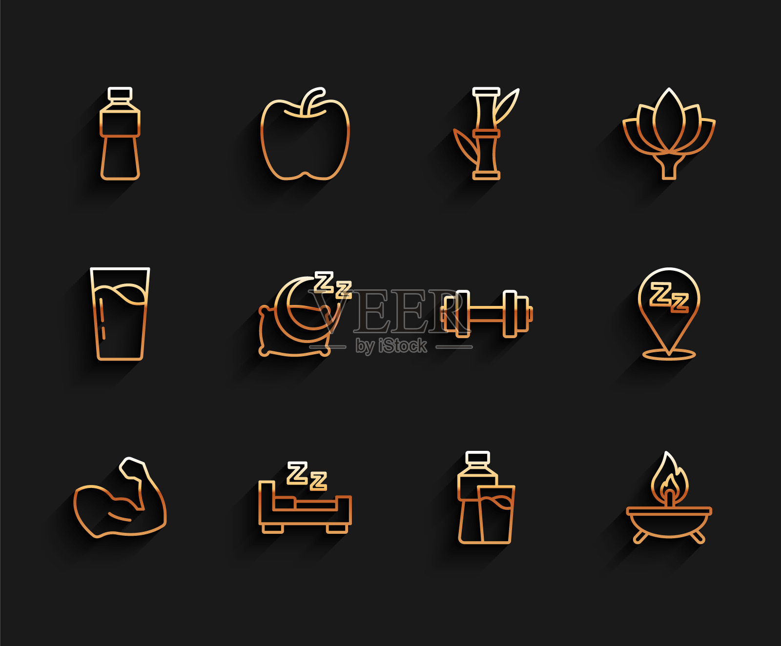 设置线健美肌肉，时间睡觉，瓶装水，玻璃，香味蜡烛，瞌睡和哑铃图标。向量图标素材