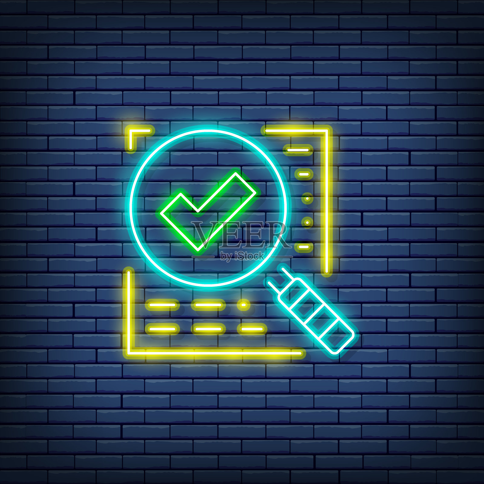 矢量放大镜与合同，批准贷款，文件与检查标志霓虹灯。插画图片素材