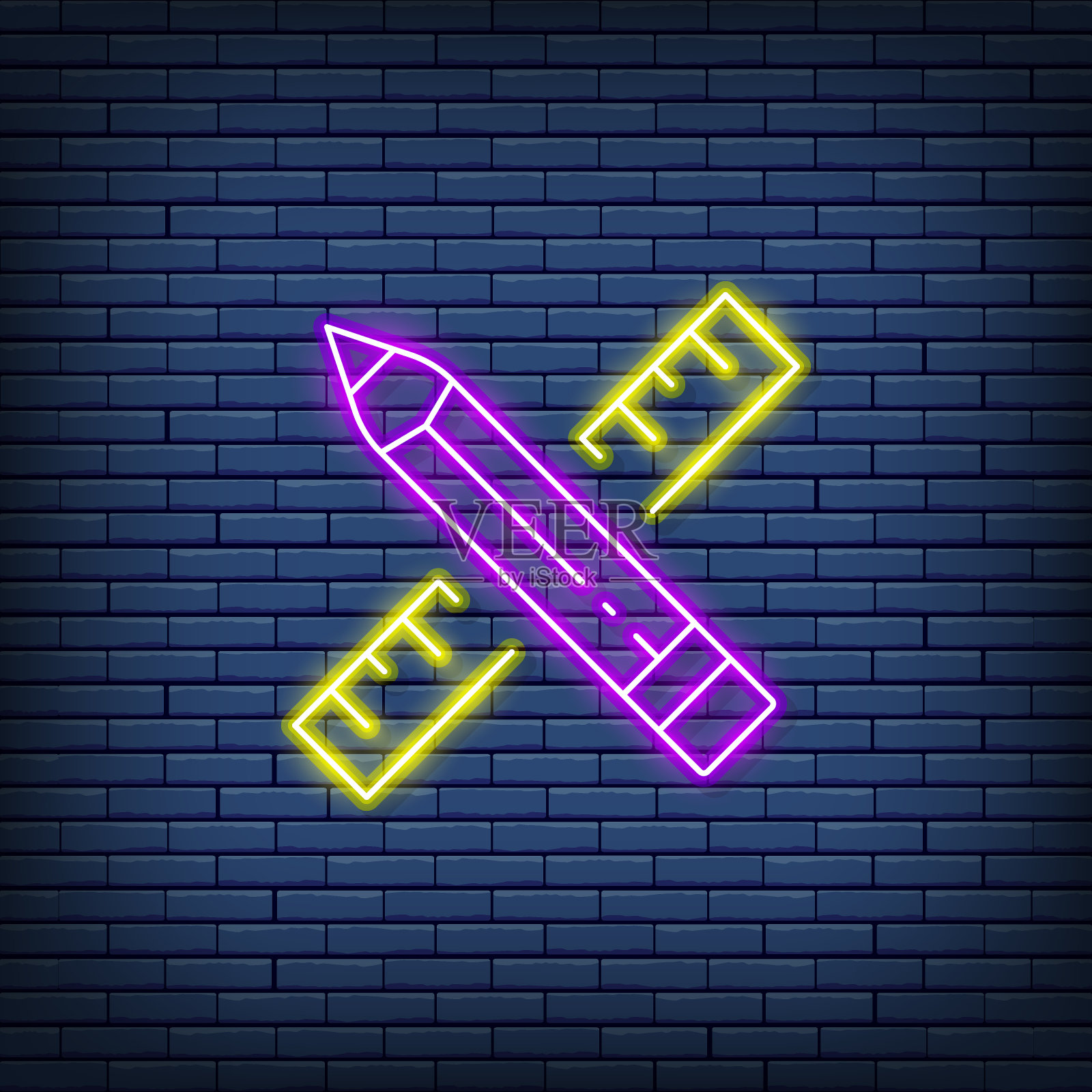 矢量铅笔和尺子，项目，艺术霓虹灯。插画图片素材