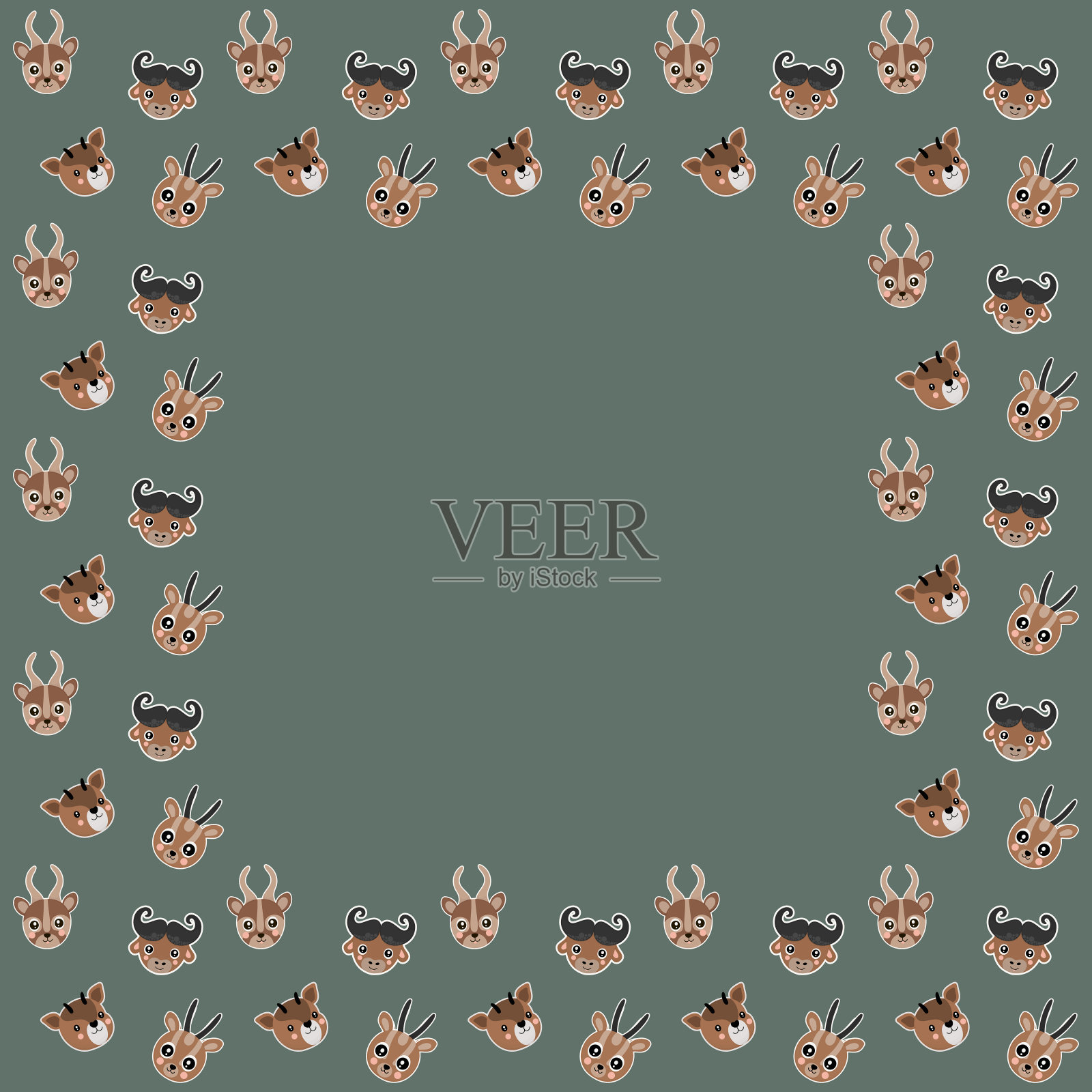 非洲水牛、霍加狓、邦戈羚羊、瞪羚的头部与白色的轮廓像贴纸在灰色的背景上的卡通正方形框架。一个放文字的地方。向量。插画图片素材