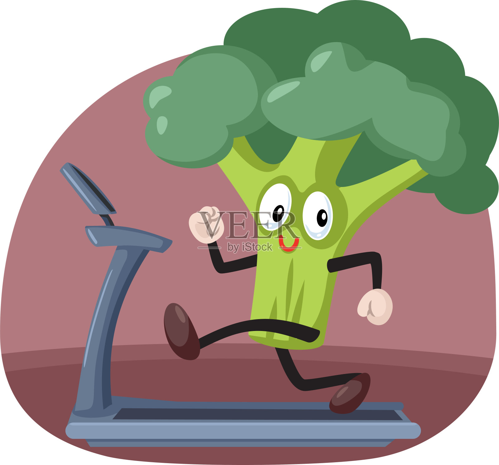 快乐的西兰花吉祥物在跑步机上运行矢量卡通插画图片素材