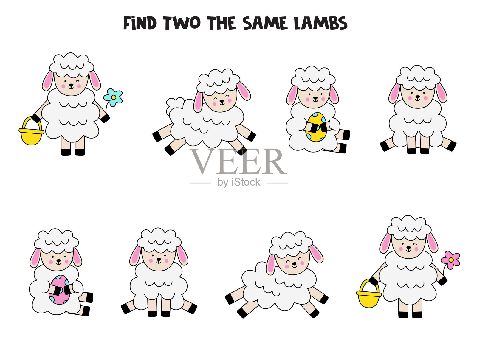 找到两只可爱的相同的复活节羊羔。学龄前儿童的教育游戏。插画图片素材