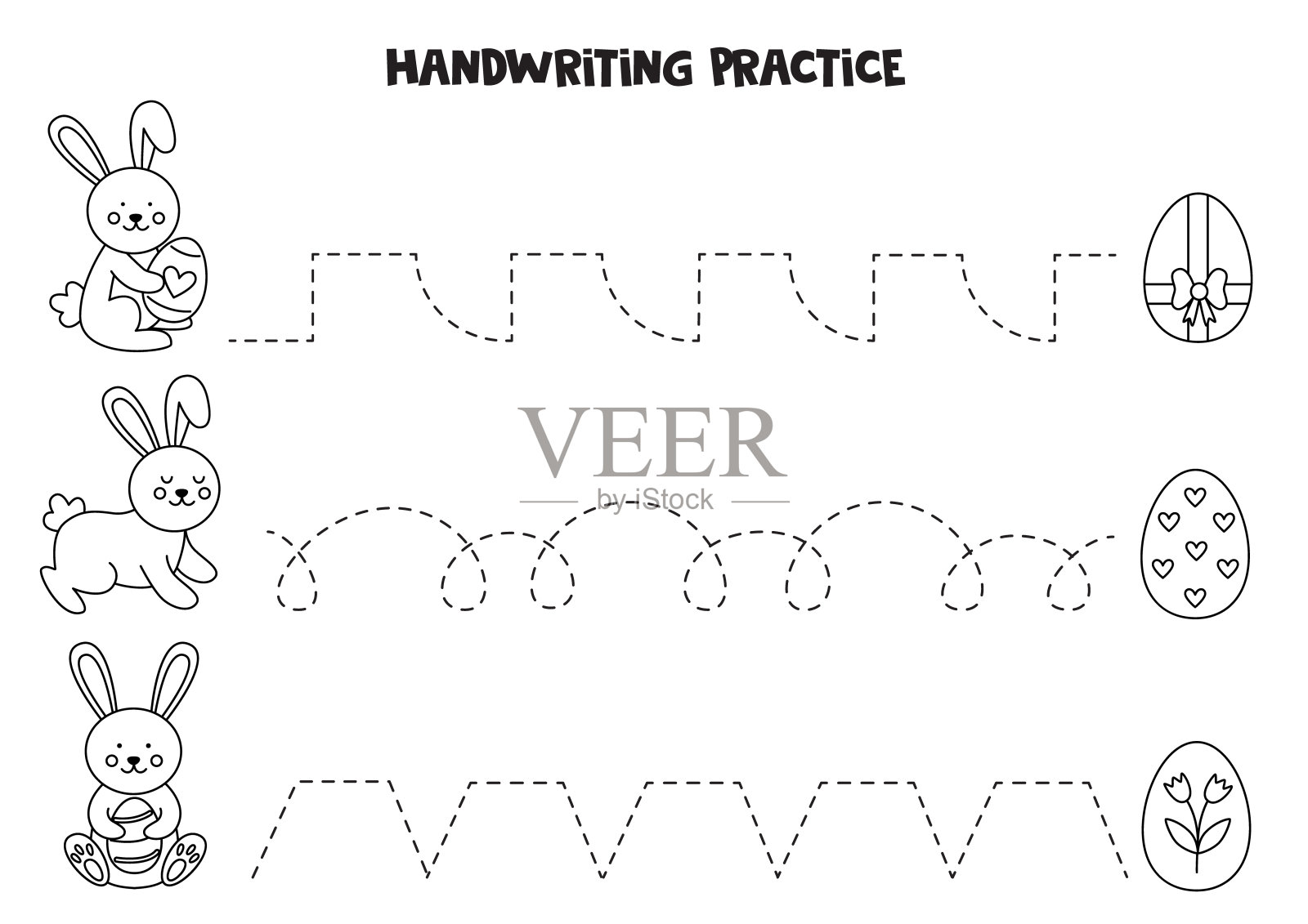 用可爱的复活节兔子描线。写作练习。设计元素图片