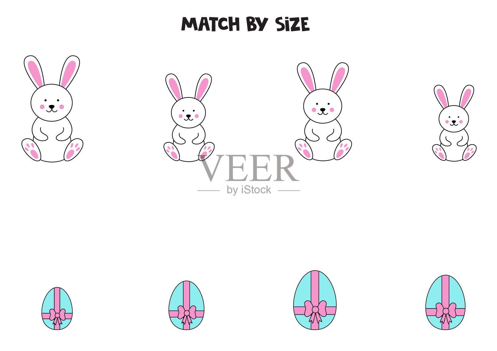 学前儿童配对游戏。根据大小匹配复活节兔子和彩蛋。插画图片素材