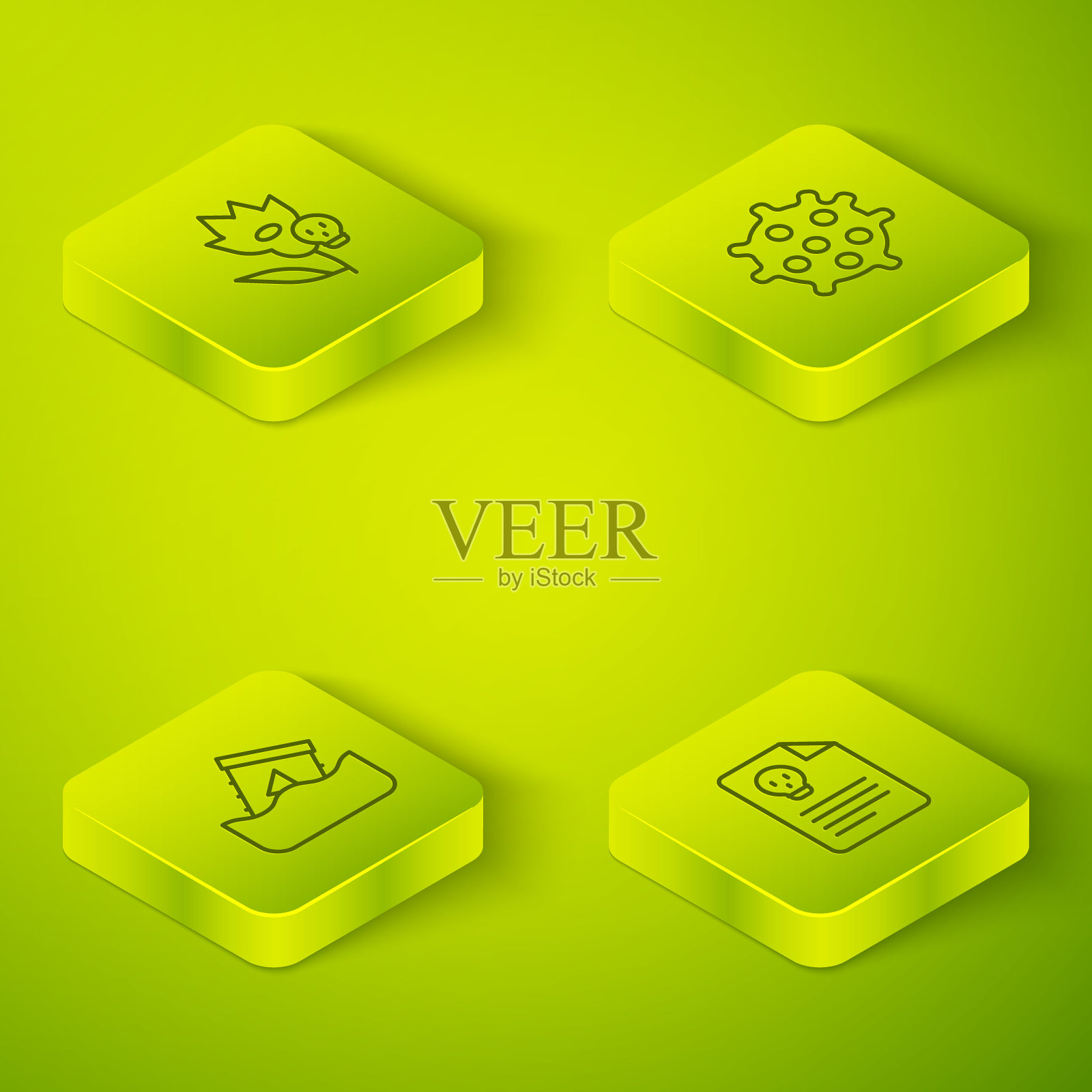 设置等距线细菌，桶中的放射性废物，辐射警告文件和毒花图标。向量图标素材