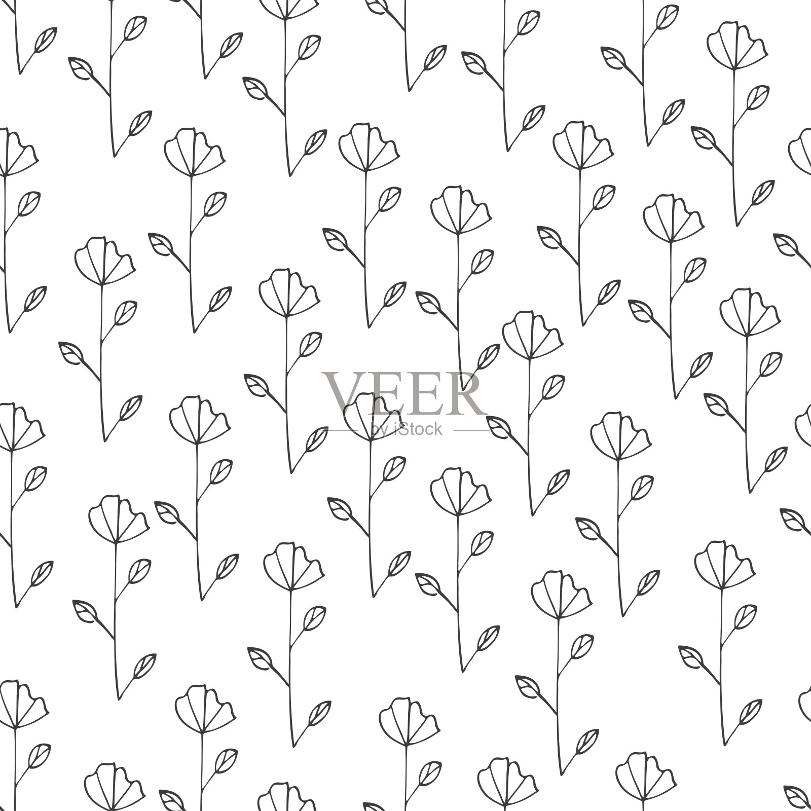 黑色的手绘花朵，白色的叶子插画图片素材