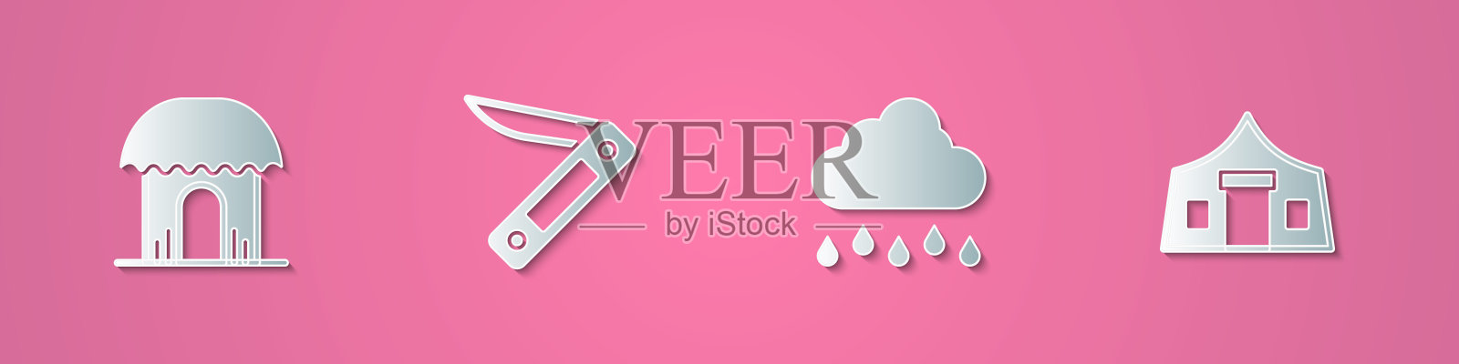 设置剪纸非洲小屋，瑞士军刀，云与雨和旅游帐篷的图标。纸艺术风格。向量插画图片素材