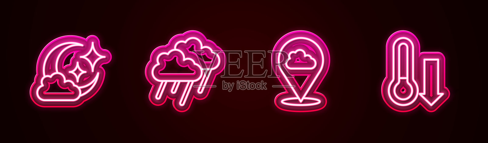 设置线云与月亮，雨，位置云和气象温度计。发光的霓虹灯图标。向量插画图片素材