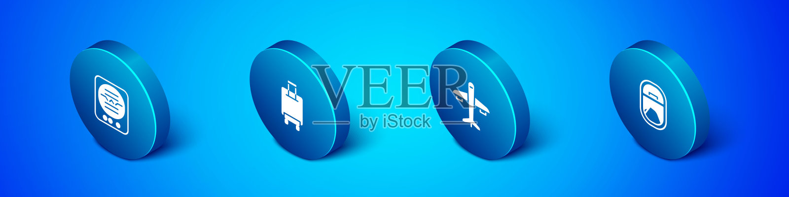 设置等距姿态指示器、飞机、飞机窗口和行李箱图标。向量图标素材