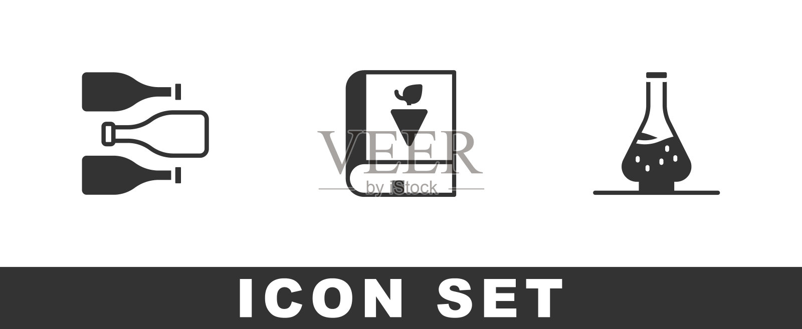 设置酒瓶的葡萄酒，书关于葡萄和Decanter图标。向量图标素材