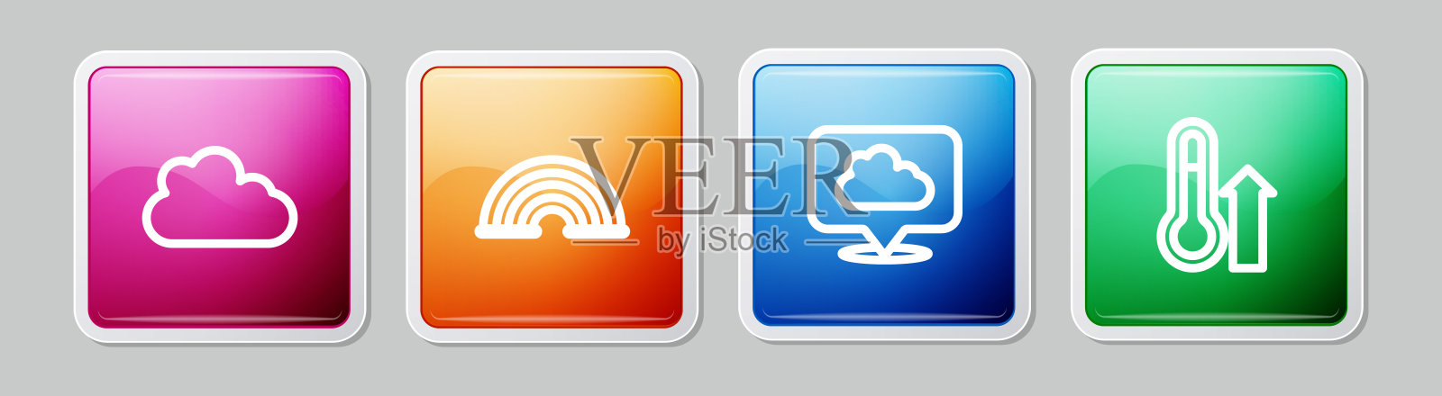 设置线云，彩虹，位置云和气象温度计。丰富多彩的广场按钮。向量图标素材