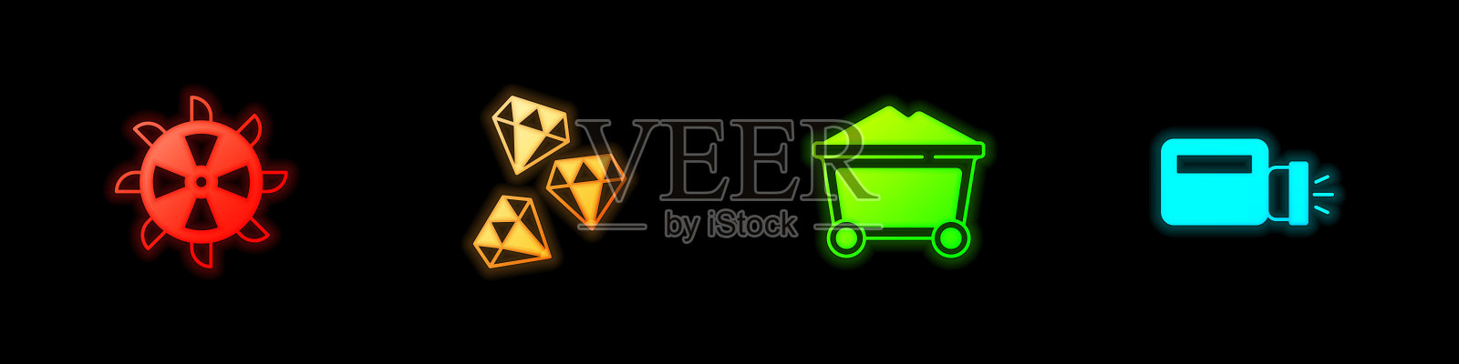 设置铲斗轮挖掘机，宝石石，煤矿小车和手电筒图标。向量插画图片素材