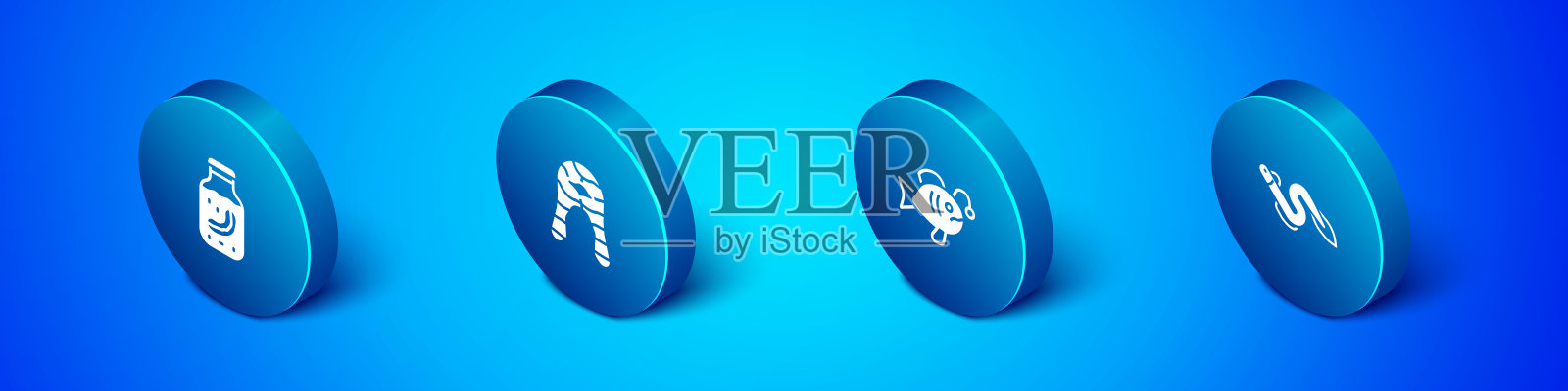 设置等距海参在罐子，热带鱼，鳗鱼和鱼牛排图标。向量图标素材