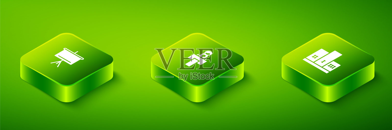 设置等距舞台站或论坛，在获奖者讲台和黑板图标的奖励。向量插画图片素材