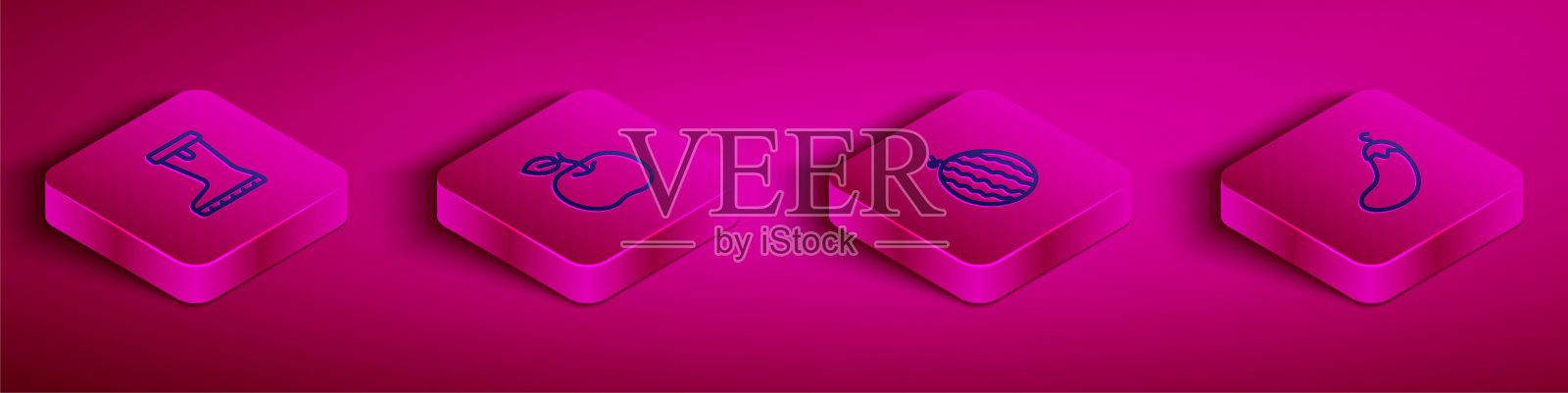 设置等距线防水橡胶靴，苹果，西瓜和茄子图标。向量图标素材