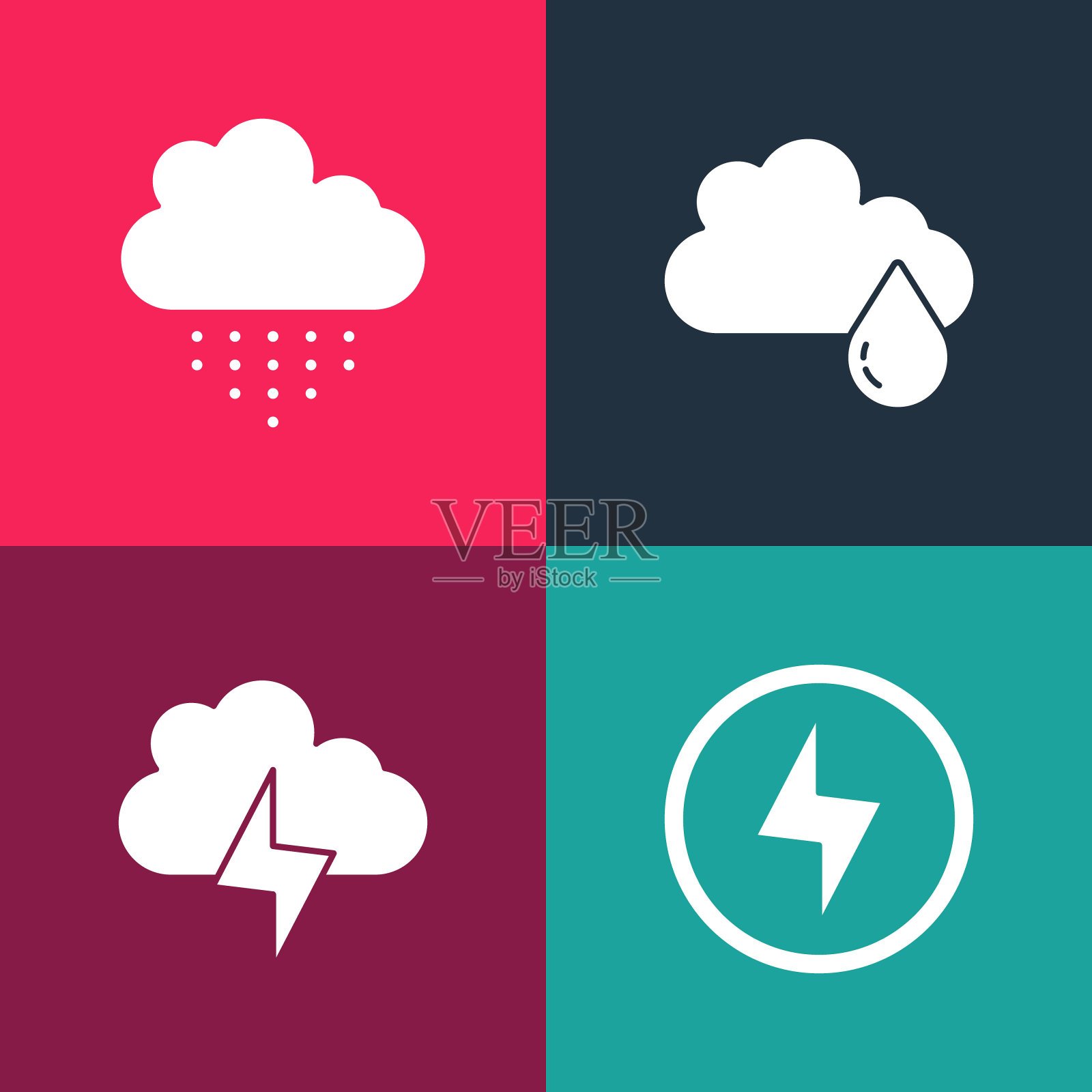 设置波普艺术闪电闪电，风暴，云与雨和图标。向量图标素材