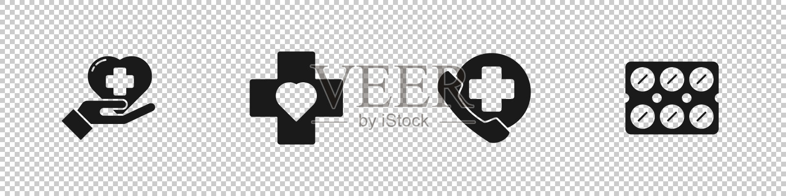 Set Heart with a cross，，紧急电话到医院和药丸在吸塑包装图标。向量图标素材