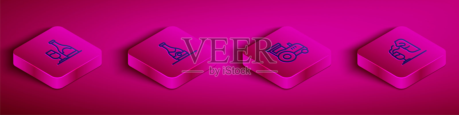 设置等距线酒瓶与玻璃，香槟，拖拉机和侍酒师图标。向量插画图片素材