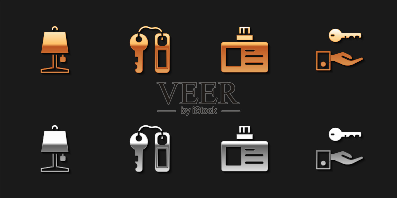设置台灯，酒店门锁钥匙，标识牌和图标。向量图标素材