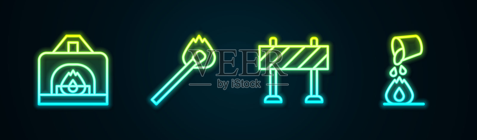 设置室内壁炉，燃烧火柴，道路障碍和桶灭火。发光的霓虹灯图标。向量插画图片素材