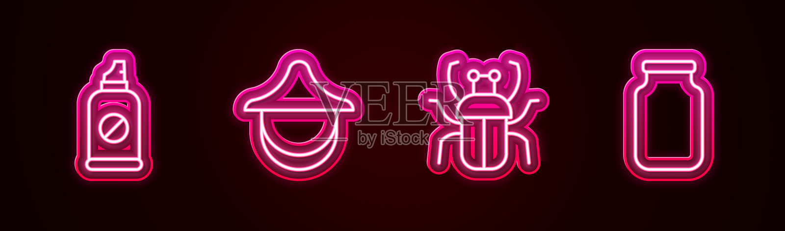 集防虫喷雾、养蜂人帽、臭虫、玻璃罐于一体。发光的霓虹灯图标。向量图标素材