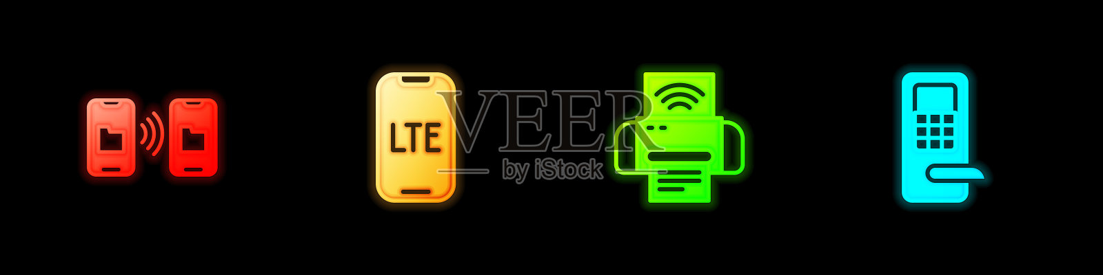 设置数据传输和存储、LTE网络、智能打印机系统和数字门锁图标。向量图标素材