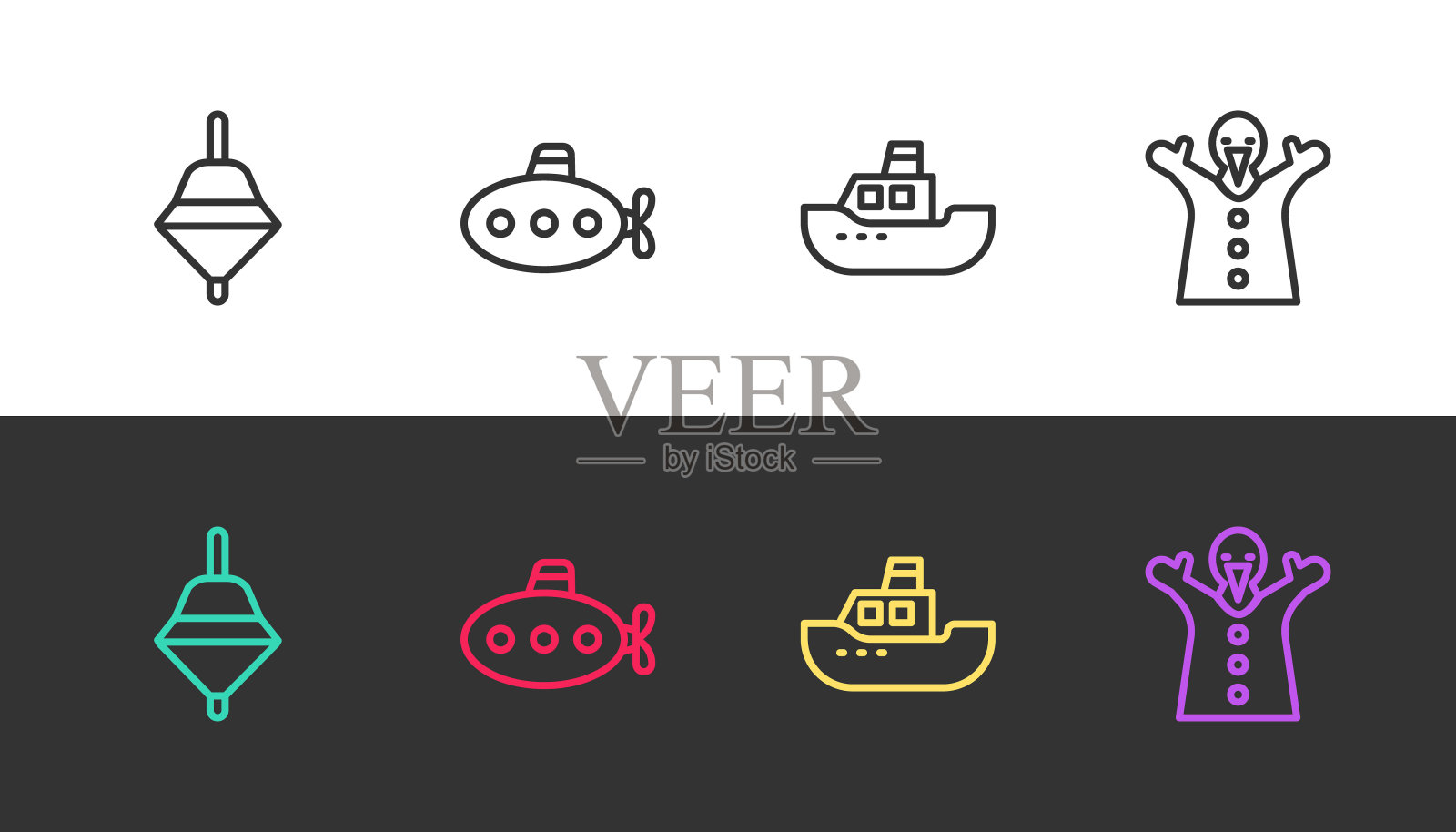 设置线旋转玩具，潜艇，玩具船和布偶娃娃手上的黑色和白色。向量插画图片素材