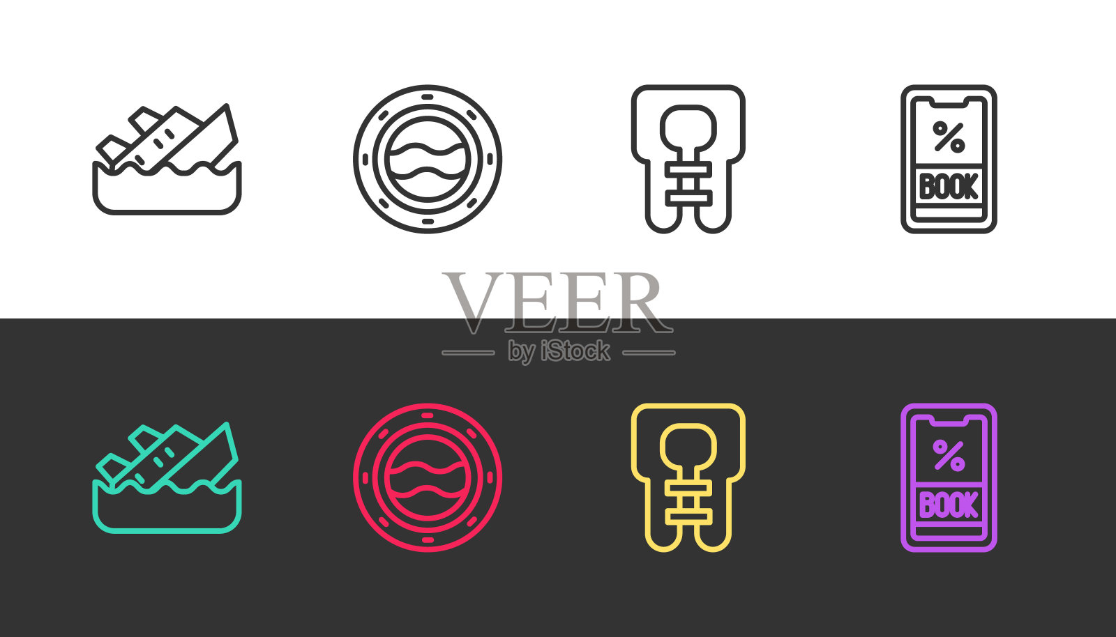 设置线下沉邮轮，船舷窗与海景，救生衣和邮轮票在黑白。向量图标素材