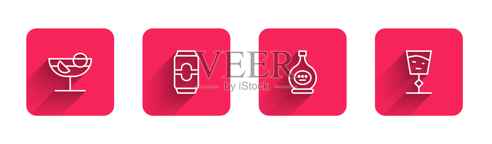 鸡尾酒，啤酒罐，白兰地或干邑白兰地酒瓶，长影酒杯。红场按钮。向量图标素材