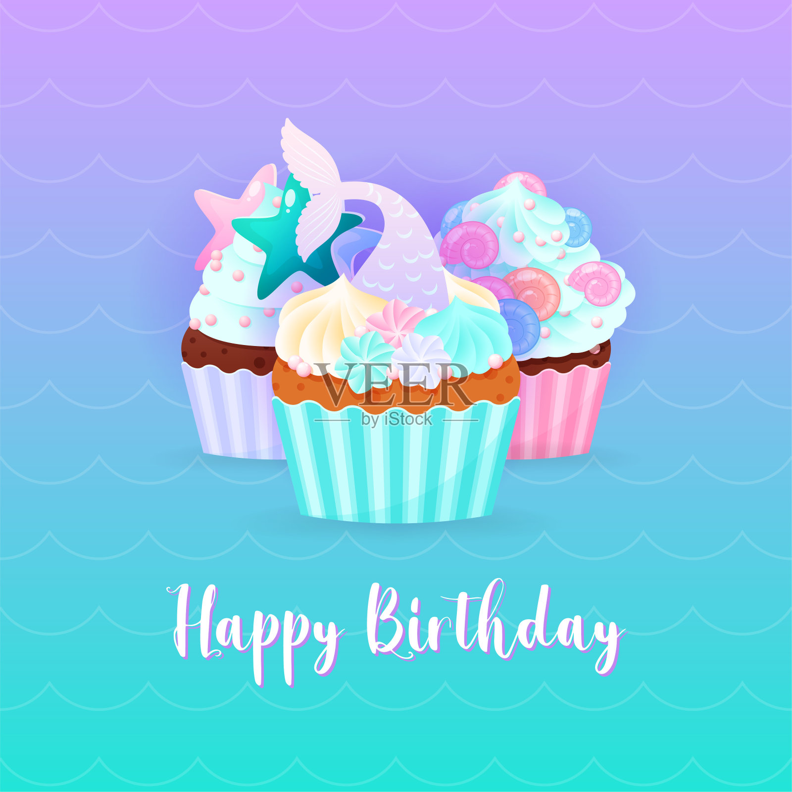 小美人鱼蛋糕生日贺卡设计模板素材