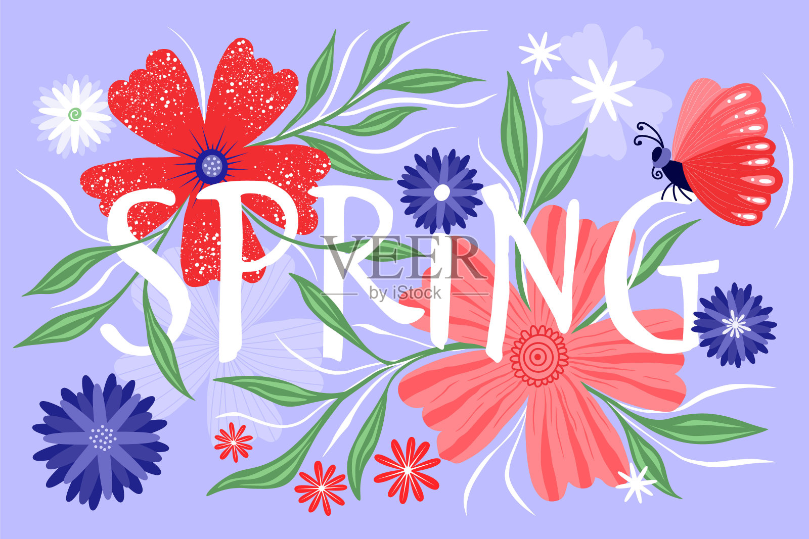春天卡片与字母花和蝴蝶插画图片素材