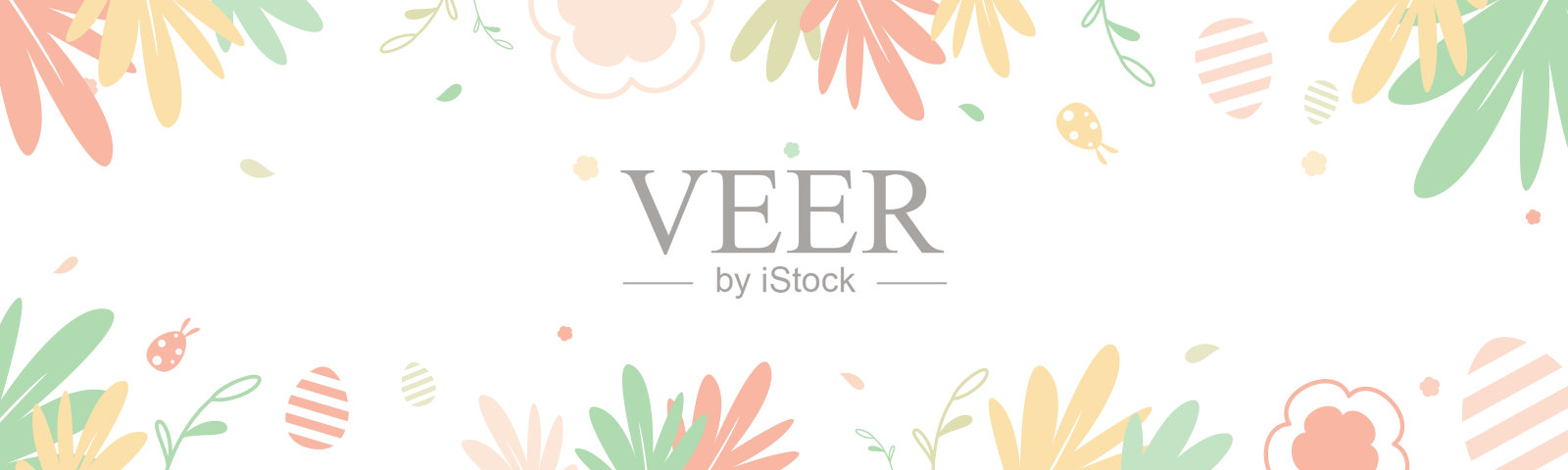 快乐的复活节横幅在白色的背景上装饰着彩色的花和叶平面矢量插图。水平蜡笔背景设计的网站在春天的主题。插画图片素材