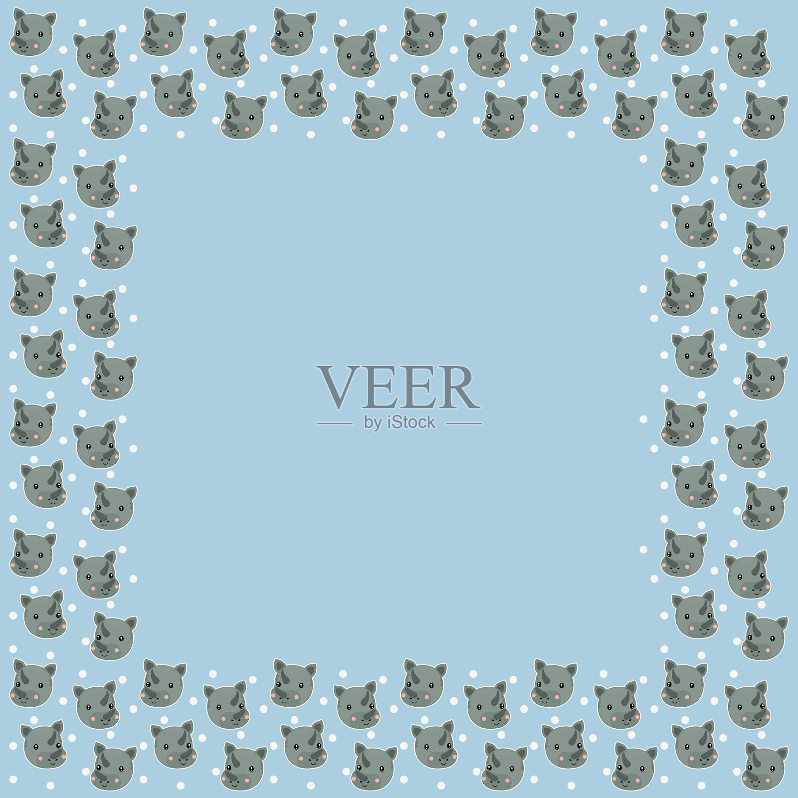 正方形的卡通小犀牛的灰色面孔，红润的脸颊和微笑，白色的圆圈在蓝色的背景上。可爱的头为背景，模板，幼儿园设计。向量。插画图片素材