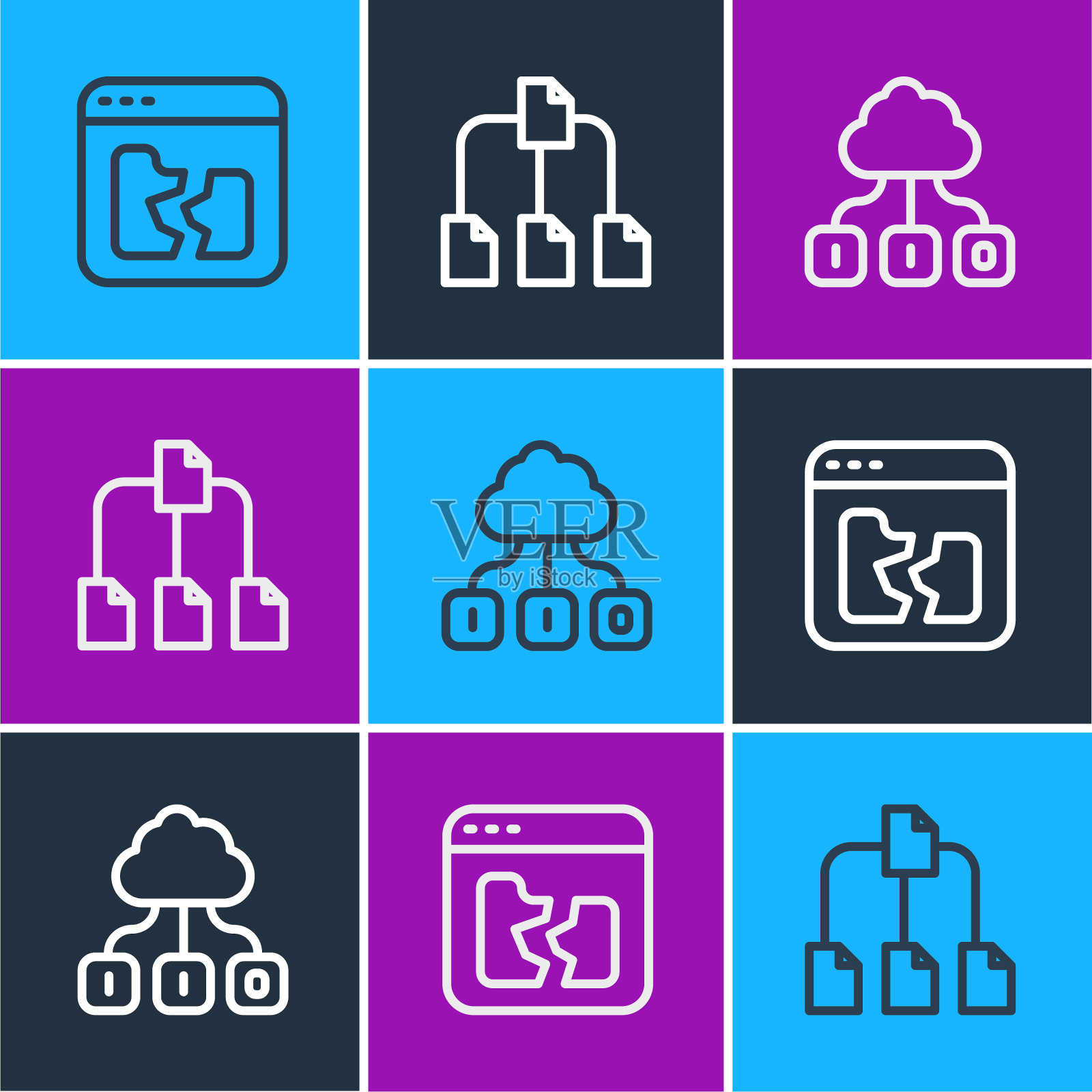 设置折线文件、云技术数据传输和文件夹树图标。向量图标素材