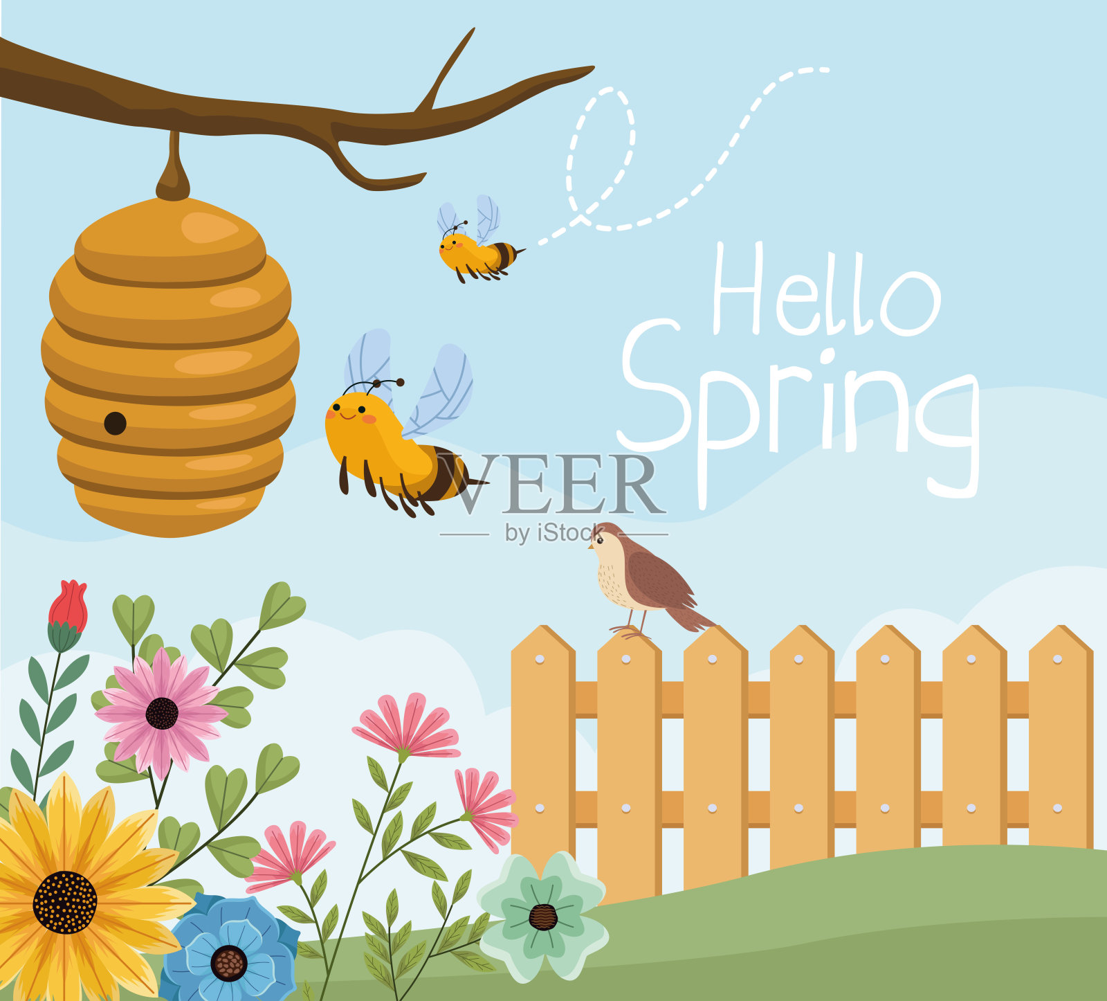 你好,春天刻字插画图片素材