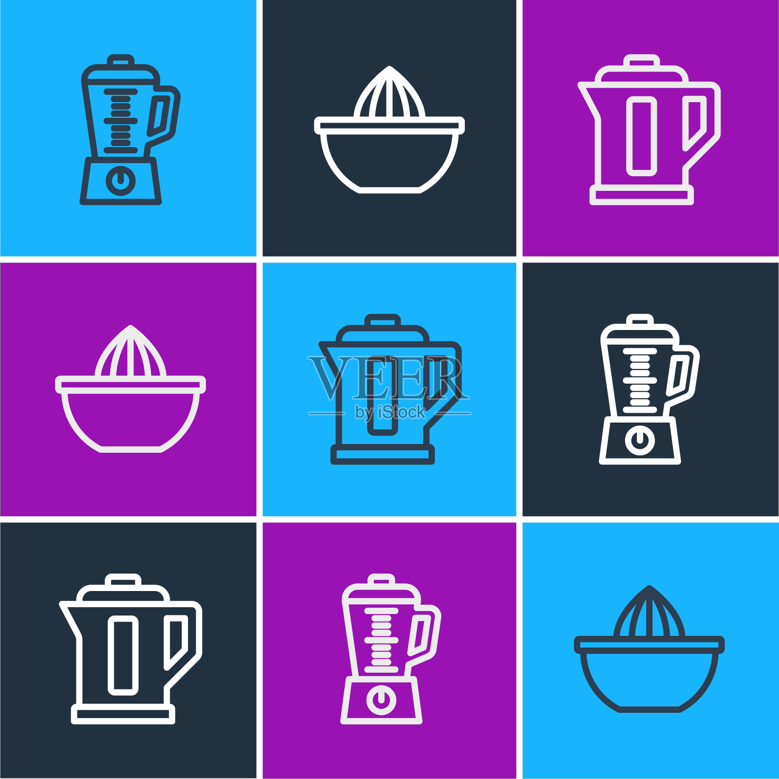 设置线搅拌机，电水壶和柑桔果汁机图标。向量图标素材