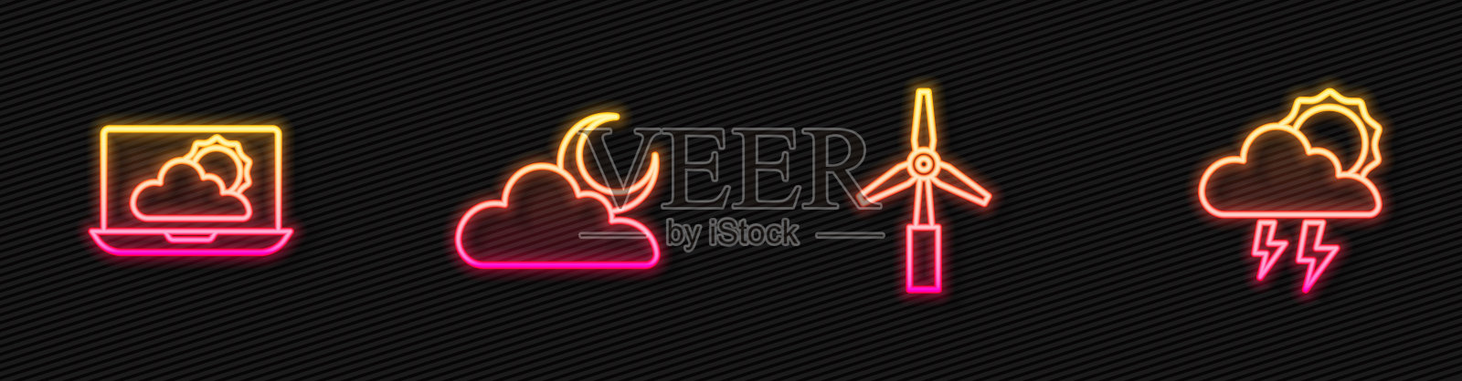 设置风轮机，天气预报，云与月亮和风暴。发光的霓虹灯图标。向量插画图片素材