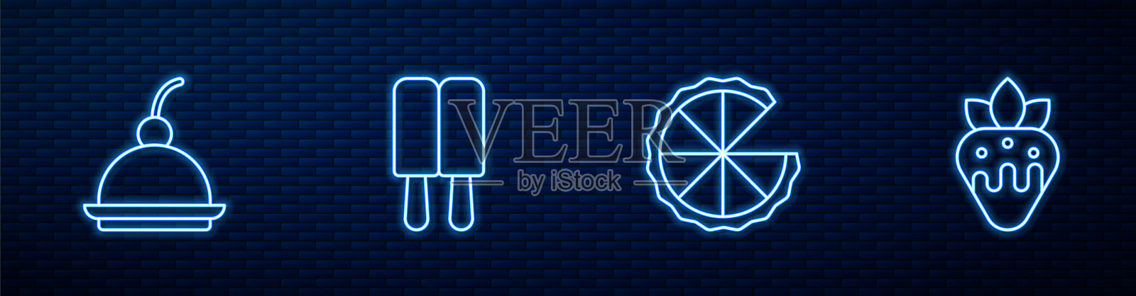 自制派，樱桃芝士蛋糕，冰淇淋和草莓巧克力。砖墙上闪烁的霓虹灯图标。向量插画图片素材