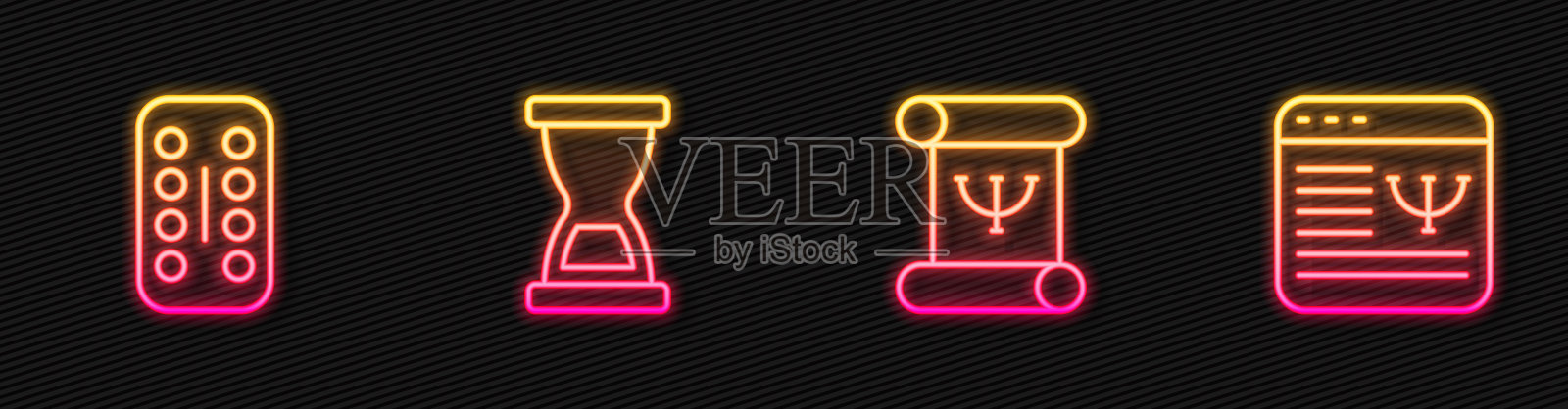 集心理书、镇静药、旧沙漏和在线心理咨询于一体。发光的霓虹灯图标。向量图标素材