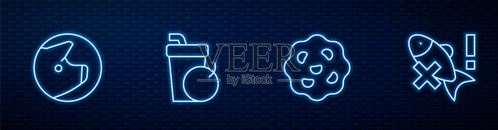 饼干或饼干，猪，新鲜冰沙，不含鱼。砖墙上闪烁的霓虹灯图标。向量插画图片素材