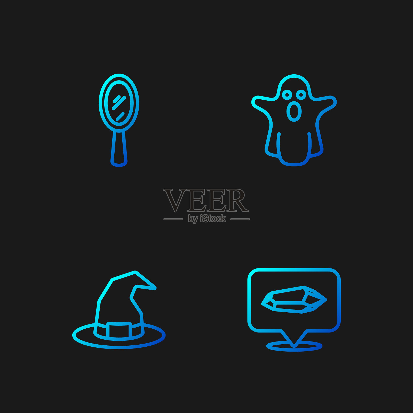 魔法石，女巫帽，手镜和幽灵。渐变颜色图标。向量插画图片素材